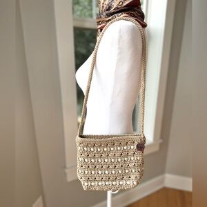 The Sak Tan White Woven Crochet Purse with Ribbon Stripe Details Zip Closure